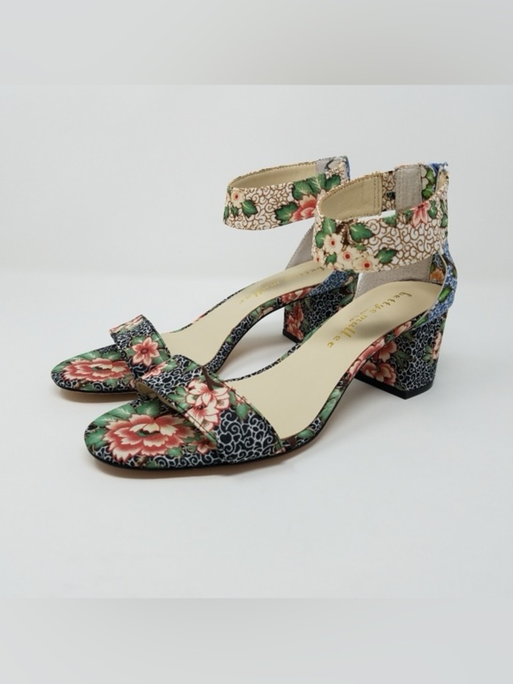 Bettye Muller Floral Tangle block heel sandals featuring vibrant botanical print